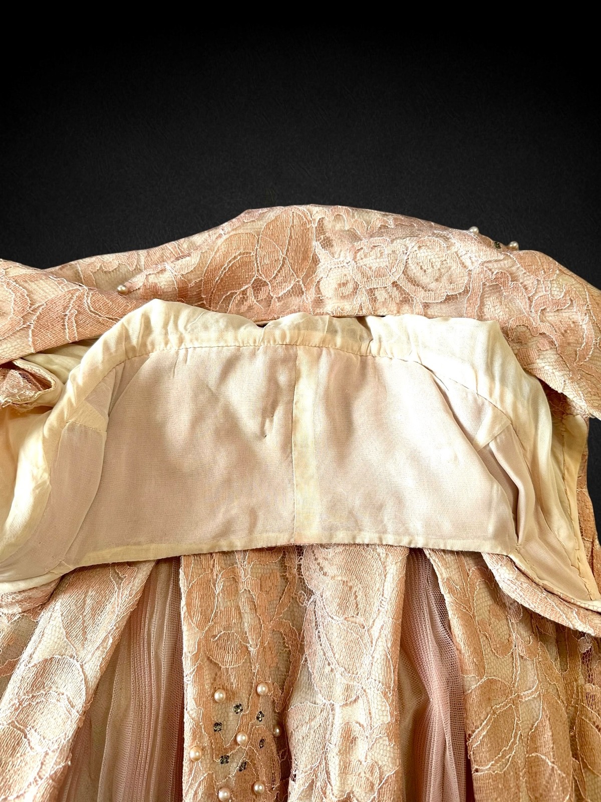 Vintage 1950s Pink Lace Cocktail Dress Pearl Rhinestone Tulle Full Skirt Party X