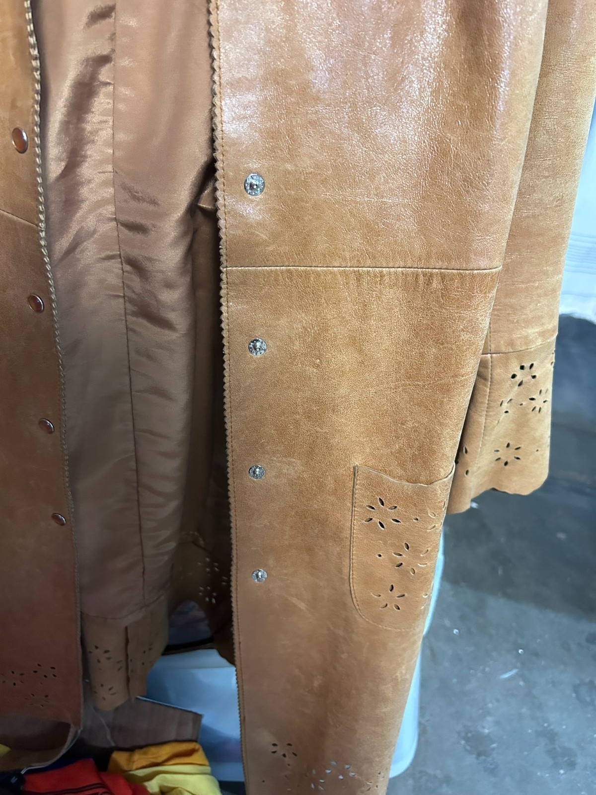 Vintage Leather Jacket Skirt Set Womens S 4 Camel Cutwork Floral Belted