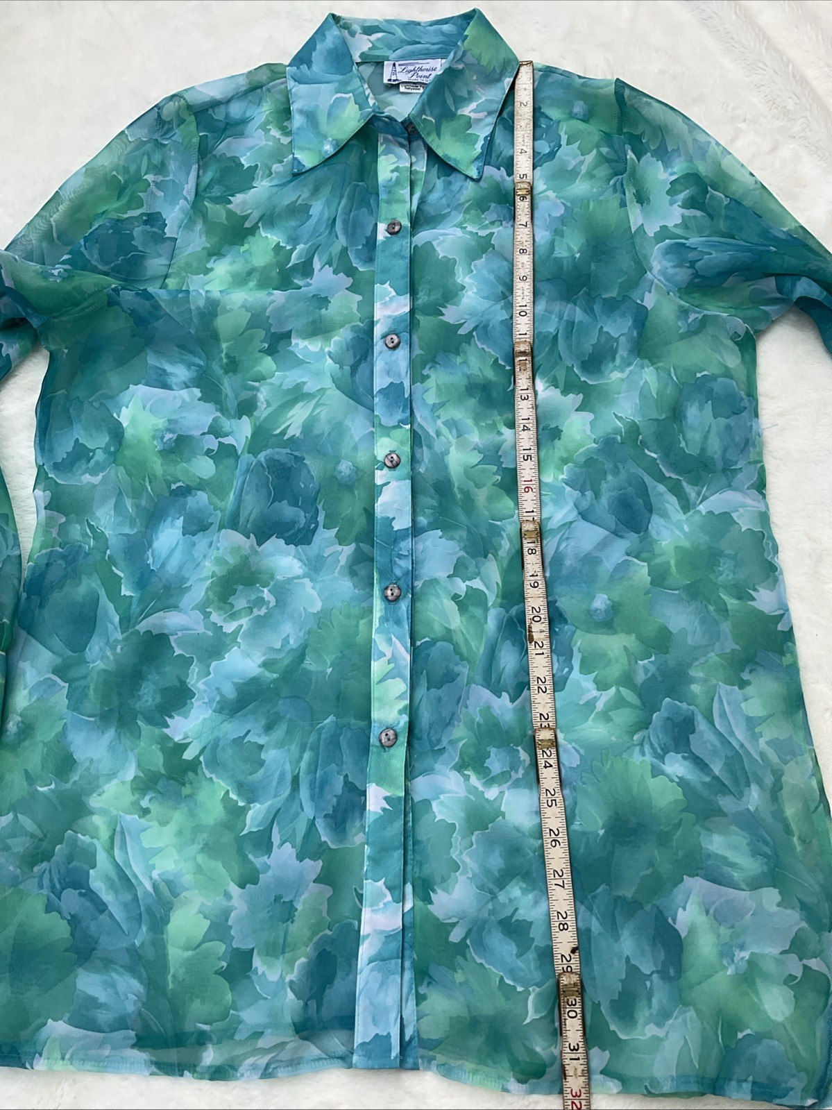 Vintage Lighthouse Point Coastal Grandma Sheer Floral Blouse Button-Up Sz L