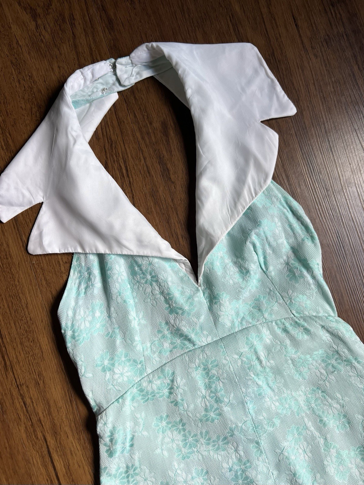 Vintage 60s 70s Maxi Dress XS Aqua White Floral Sailor Halter Jacquard Formal