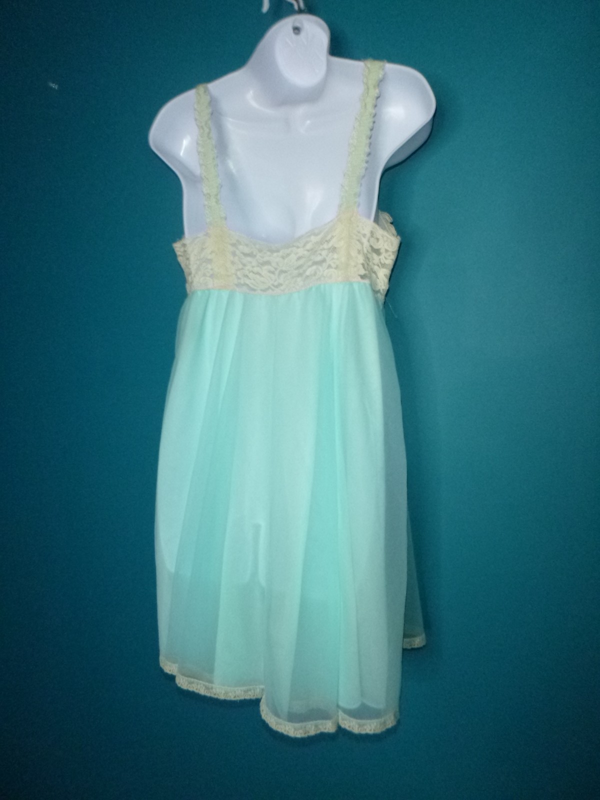 Vtg 60s Olga Sleeping Pretty Nightgown Aqua Double Layer Nylon Chiffon Sz M