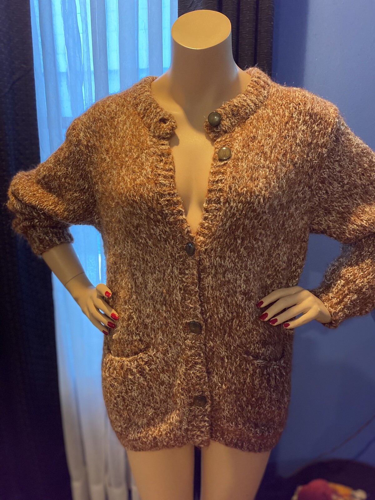 VINTAGE 50&rsquo;s Womens MOHAIR SWEATER Brown/White Marl with Copper Metalic Threads