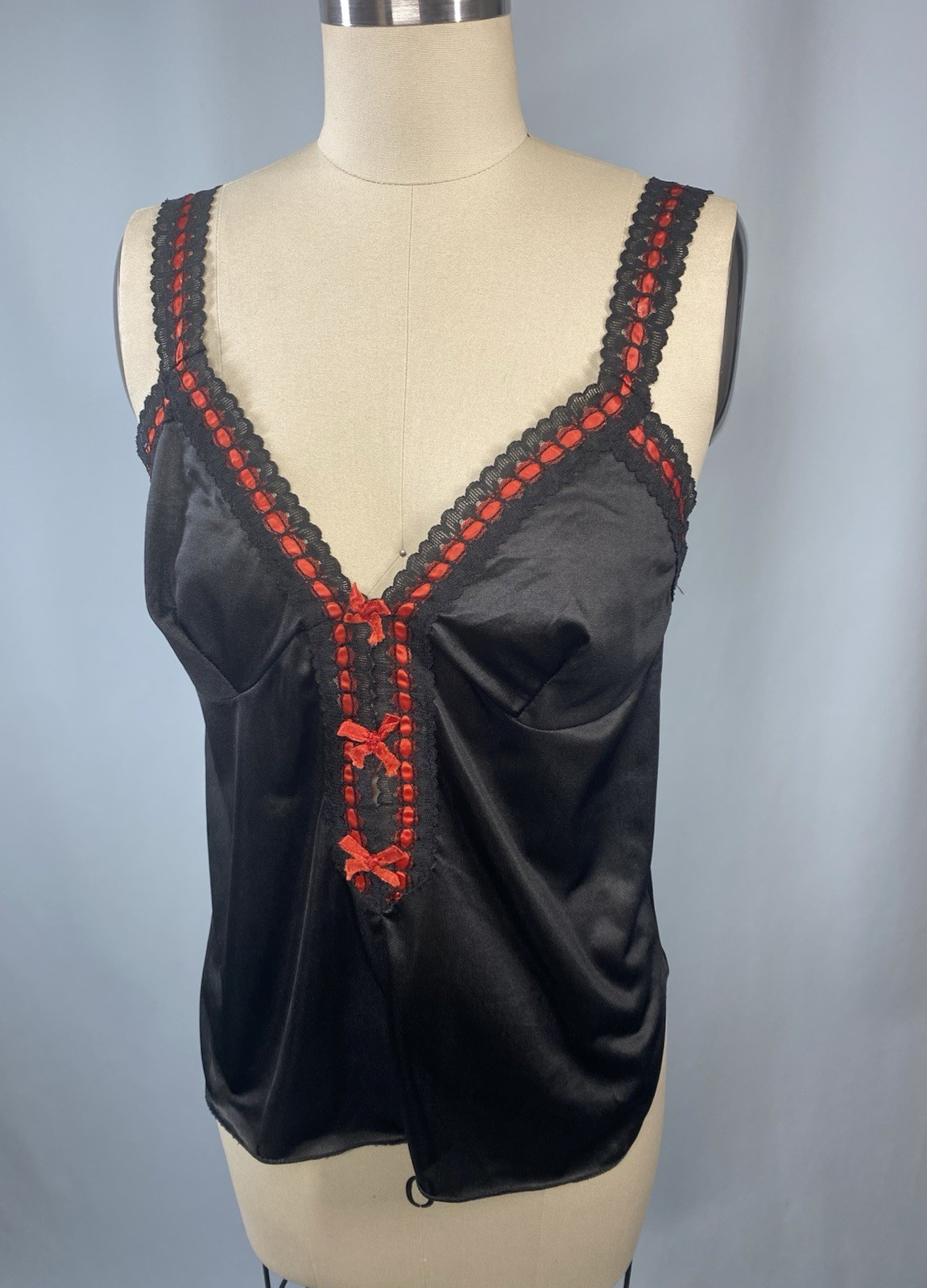 Vintage Camisole Top SIZE SMALL black red bow 70s 80s sexy cami nylon
