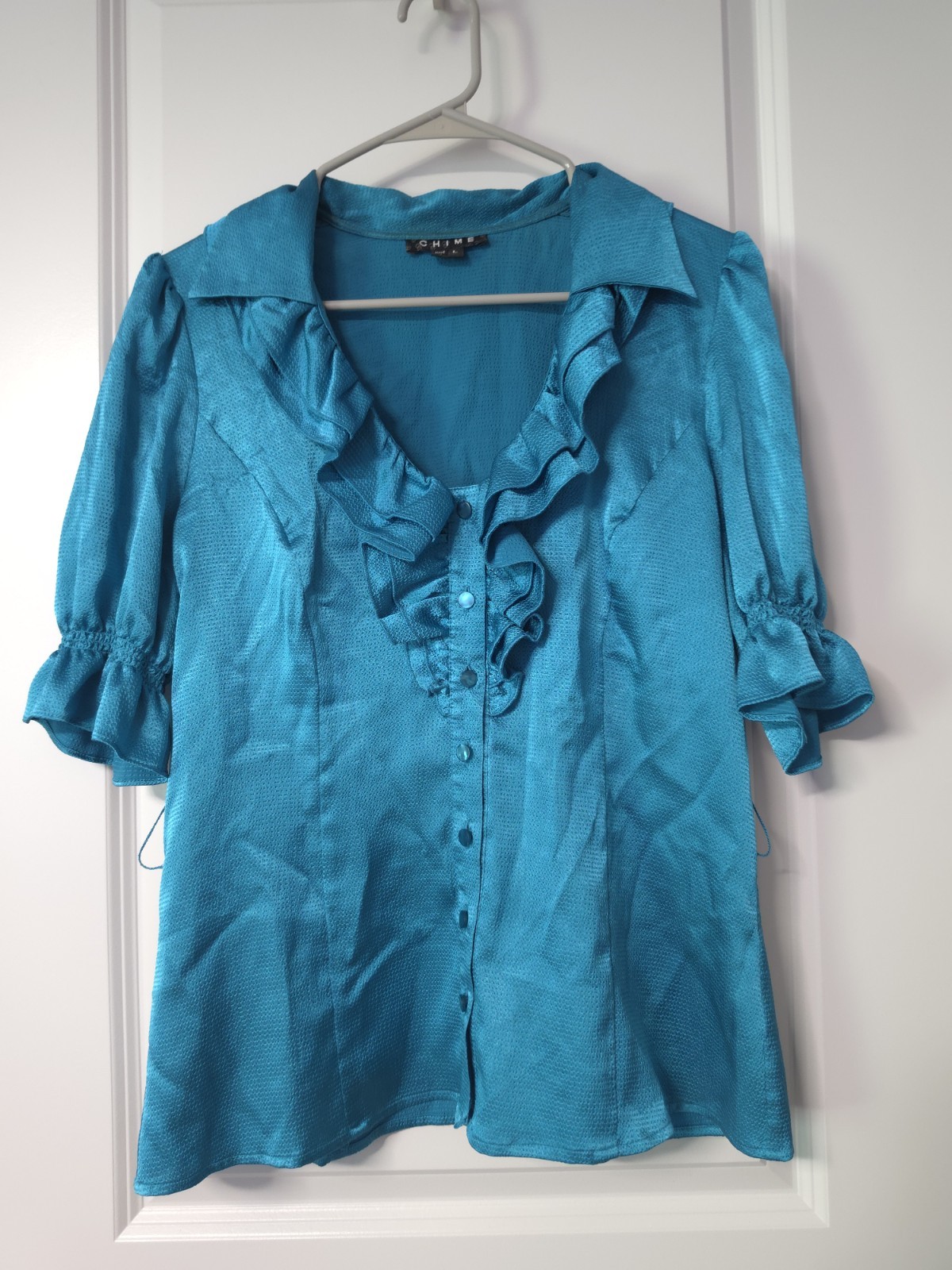 CHIME Women&rsquo;s 80s Vintage Turquoise Ruffle Button Up Dress Shirt Size L