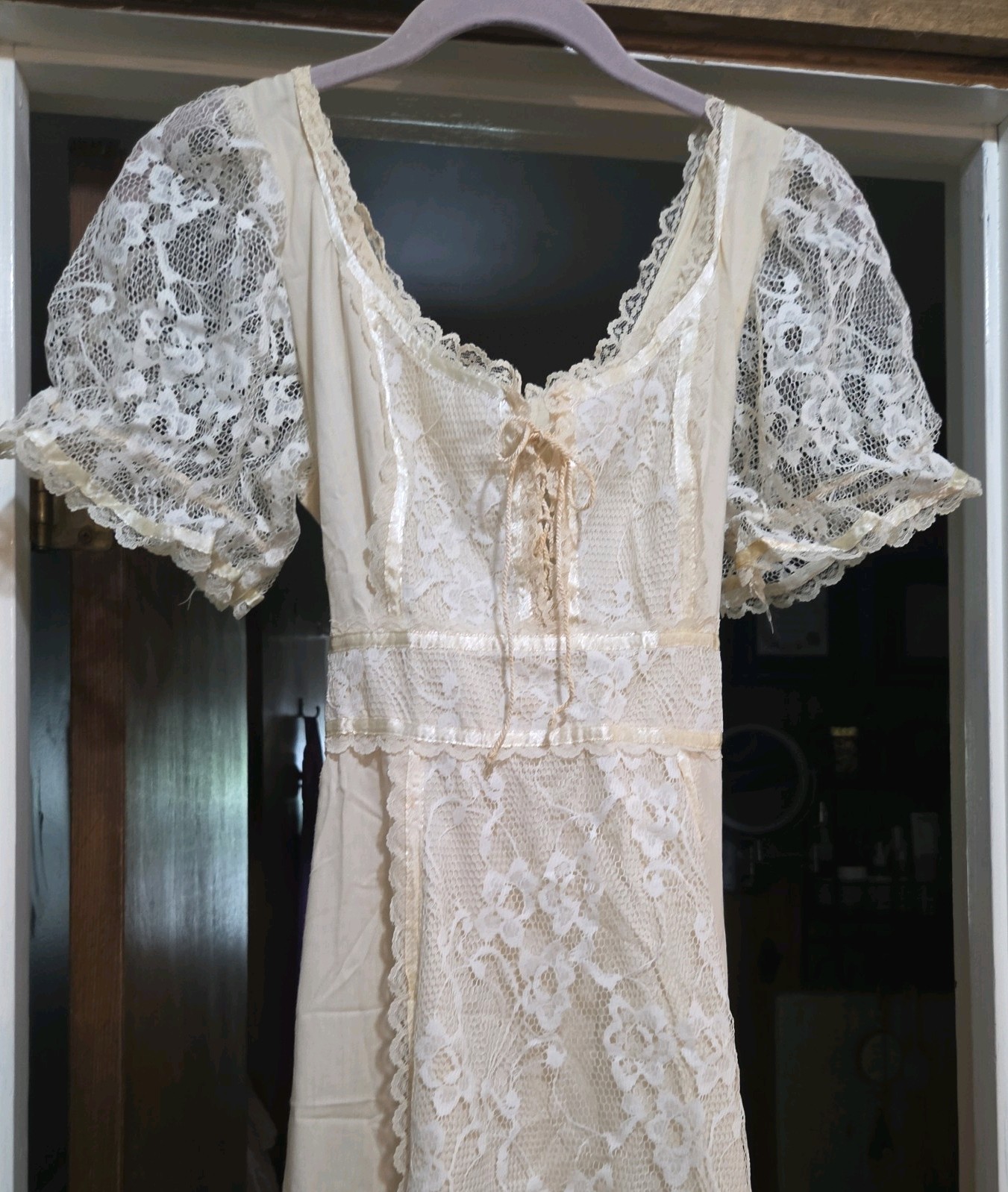 Vintage 70s dress Cream Lace Prairie Maxi Dress Cottagecore Boho size SMALL