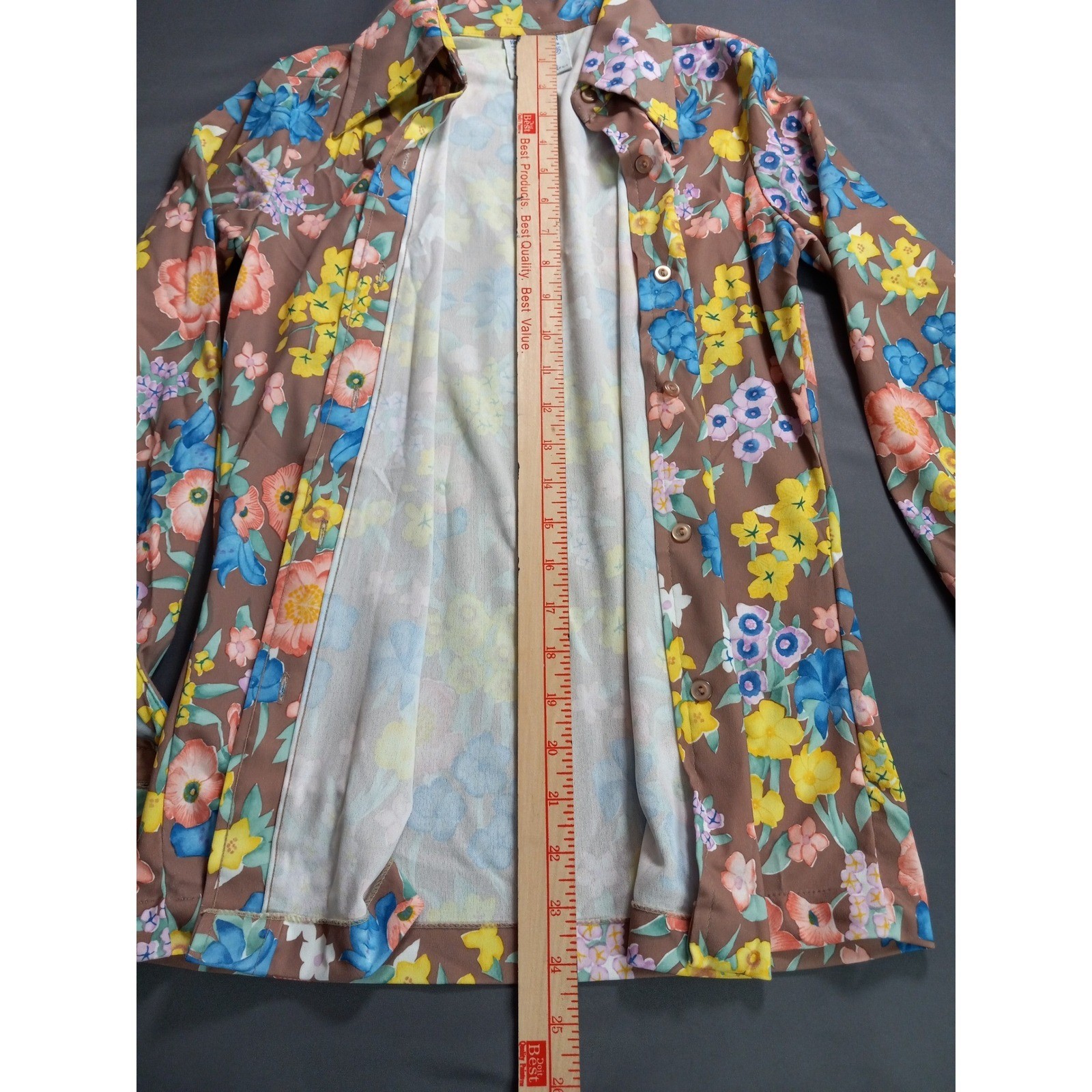 Vintage Sears Perma-Prest Floral Button Down Shirt Brown Blue Yellow 70s Size 12