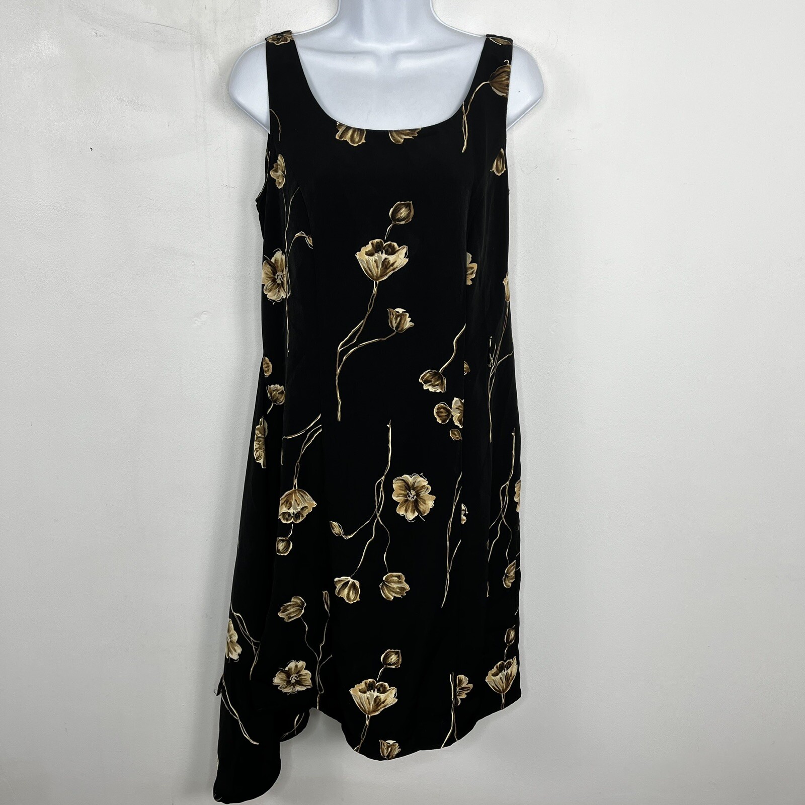 Basic Editions Sun Dress Sz 6 Black Floral Asymmetrical Hem 80s 90s Y2K VINTAGE