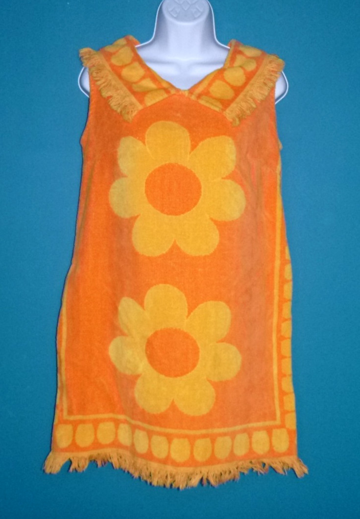Vtg 60s Towel Terry Beach Dress Flower Power Yellow Orange Cannon Sunflower Sz S