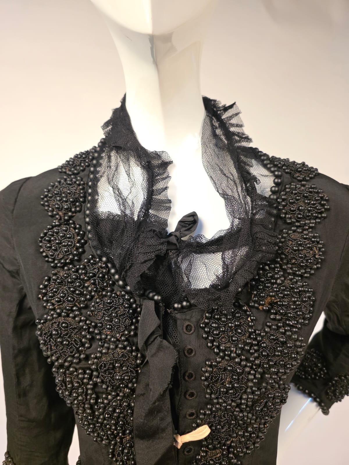 VICTORIAN 1890’S BLACK SILK BODICE W BUBBLE GLASS BEADING + CORSET LACING FRONT