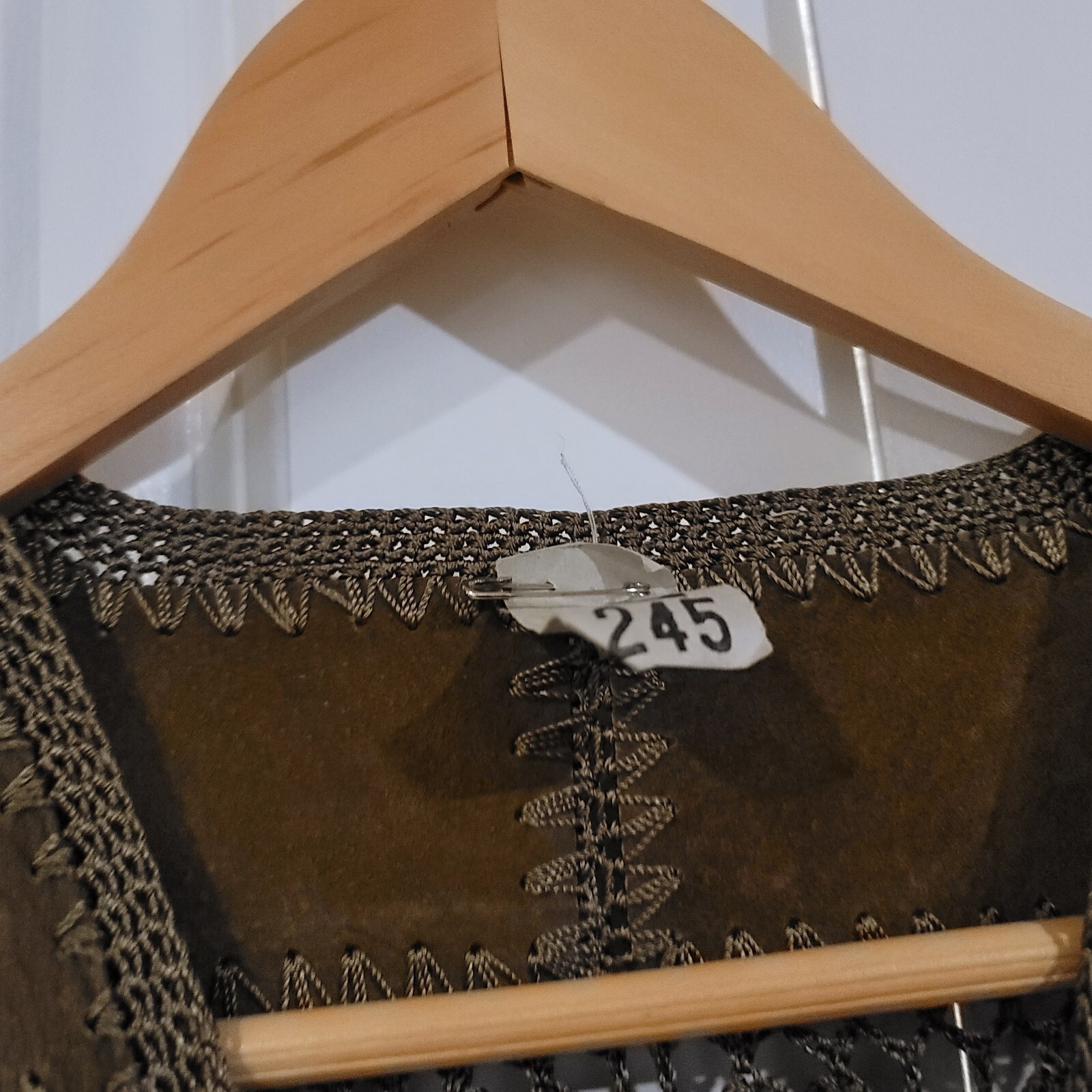 Vintage Macrame Suede Hippy Womens Vest S Olive Green Crochet Knitted Button