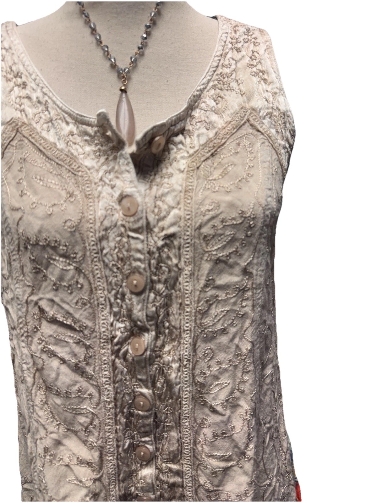Vtg Boho Embroidered Button Front Tie Back Mini Dress Tan Beige One size Hippy