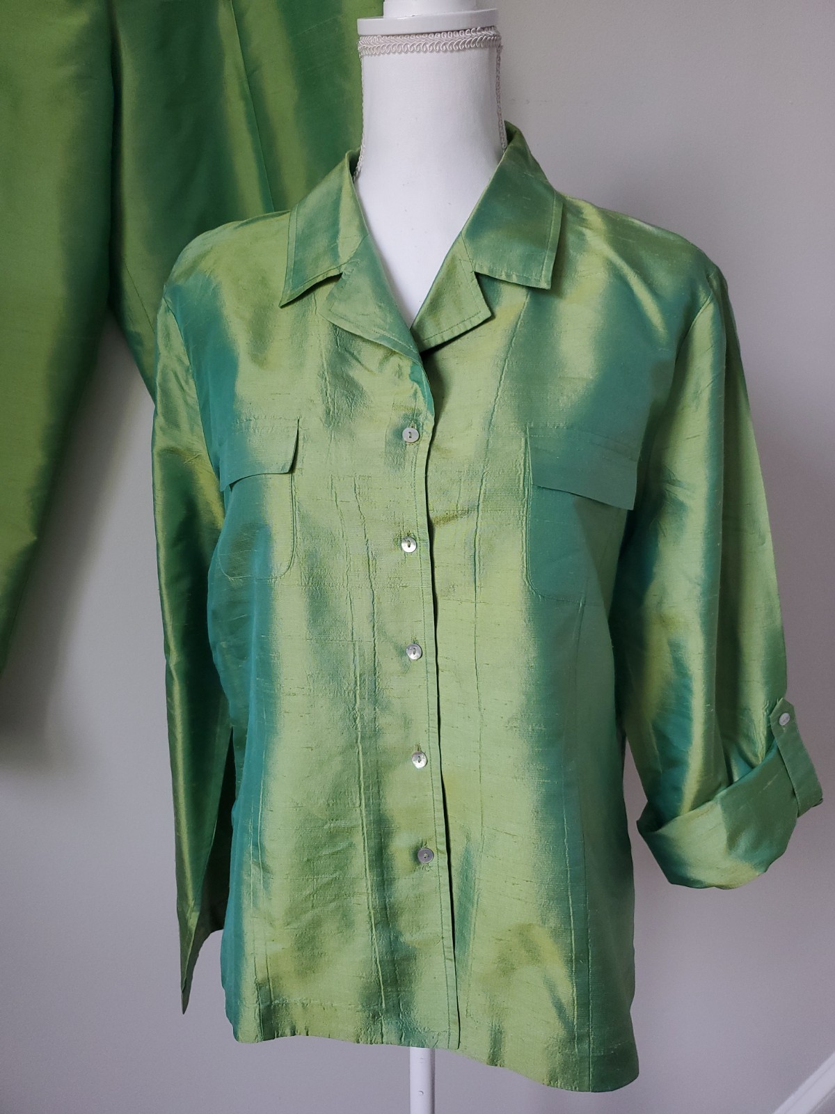 ALLISON TAYLOR Vintage Silk Lime Green 2pc Pant / Jacket Suit Women&rsquo;s XL /14