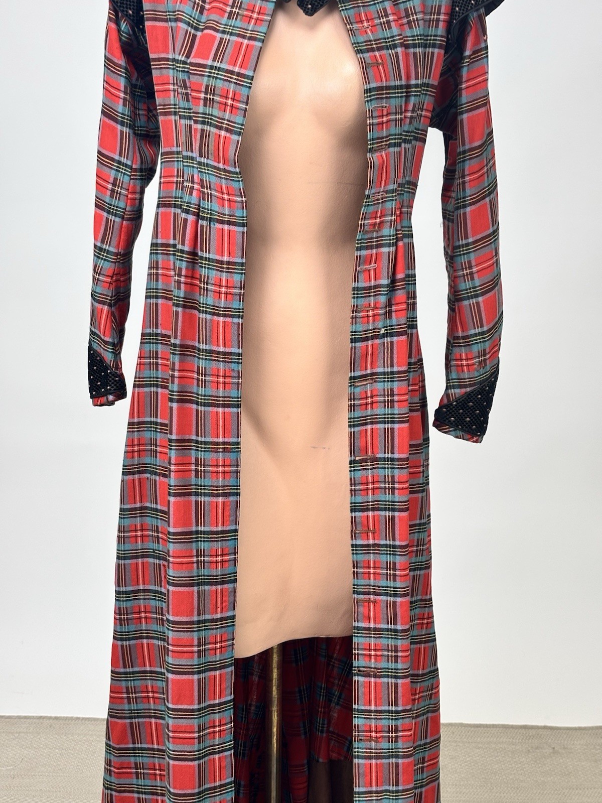 Antique Victorian Walking Coat Plaid Red Green Black Yellow Burnout Velvet AS IS