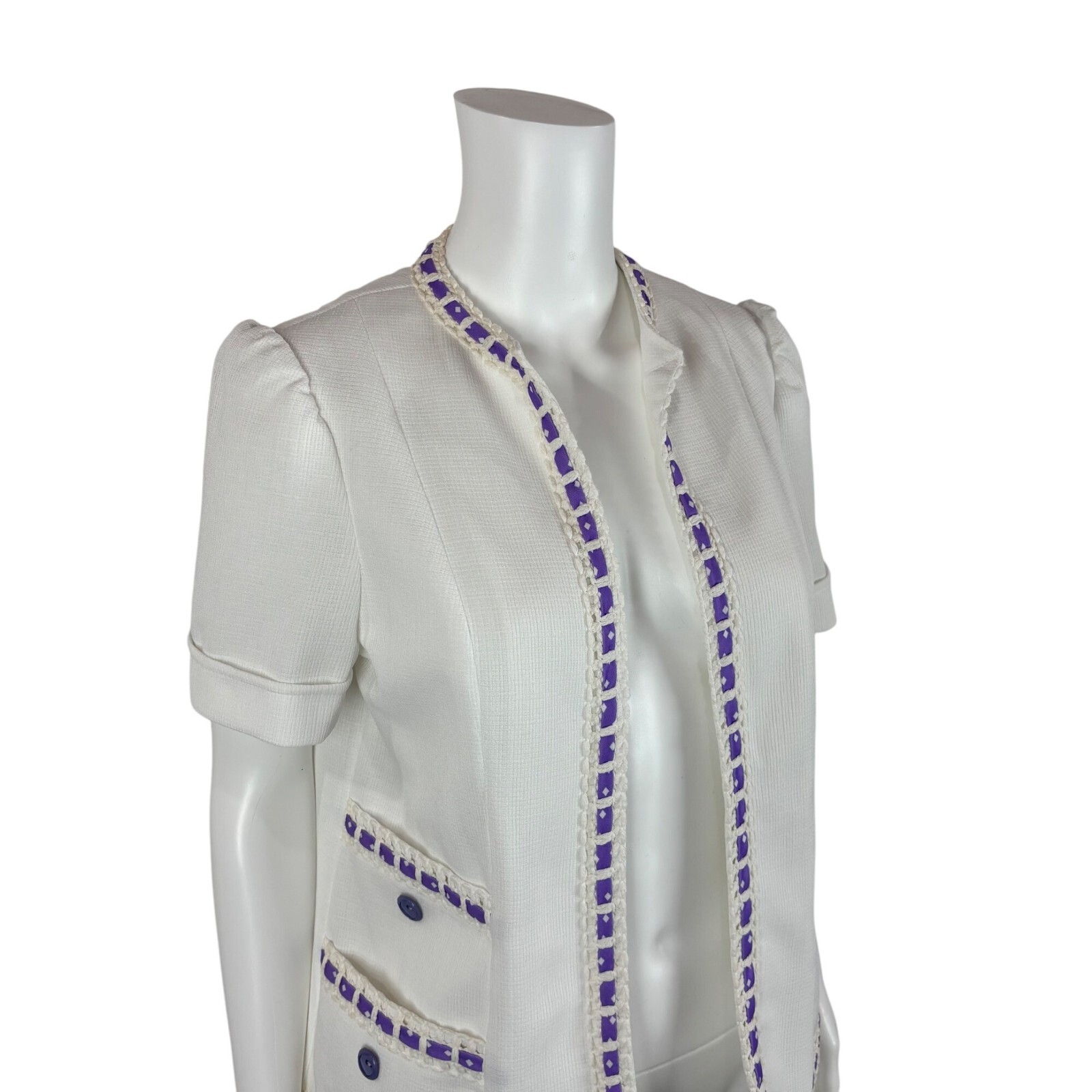 Vintage 70s Open Top Women&rsquo;s Large Lavender White Diamond Print Cardigan