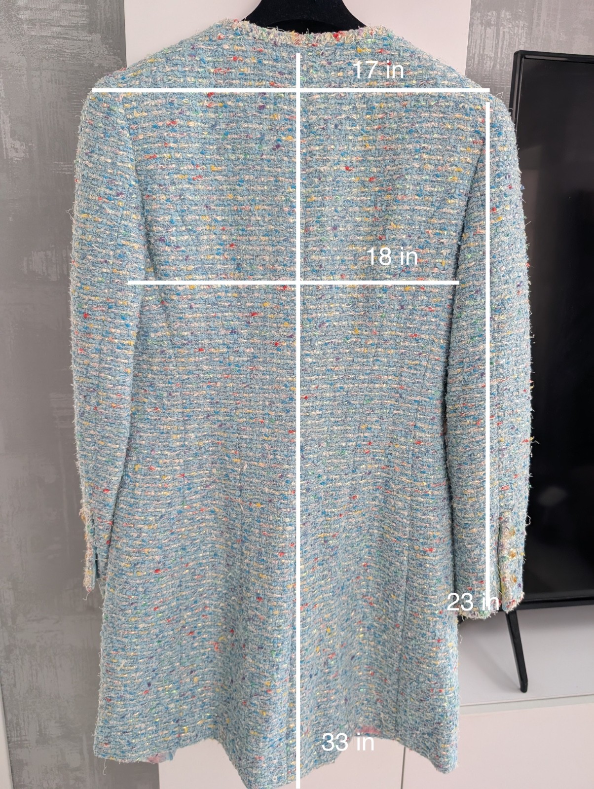 Chanel 1997 Confetti Fantasy Tweed Coat Blue Jacket Camellia Print Silk Dress 40