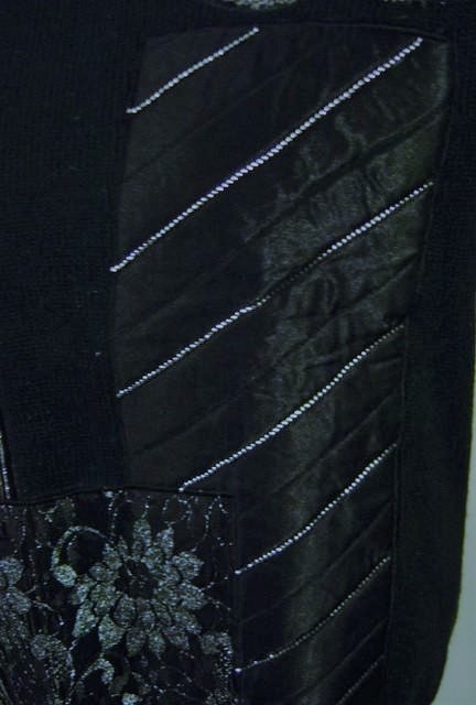 VINTAGE 80s GLAM BLACK SEQUIN SATIN LACE EMBELLISHED CHRISTMAS PRESENT SWEATER M