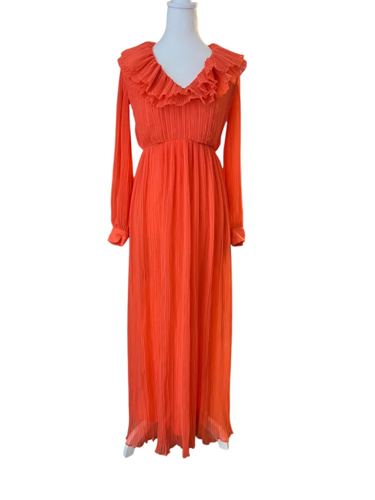 Vintage Joan Leslie By Kasper Pleated Coral Evening Gown Long Sleeve 70s Sz 2