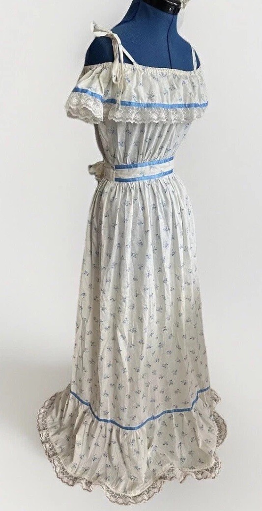 vintage 70s off shoulder ruffle floral print cottage prairie whimsy fairy dress