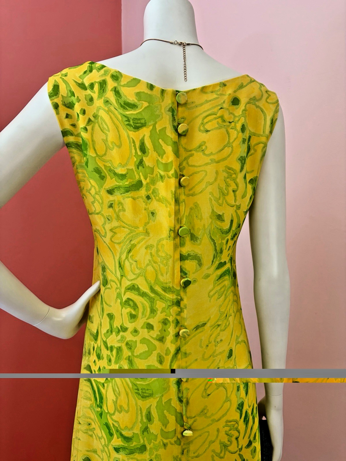 VTG 60s Mod Shift Dress abstract Yellow Green Floral Print chiffon A-Line S/M