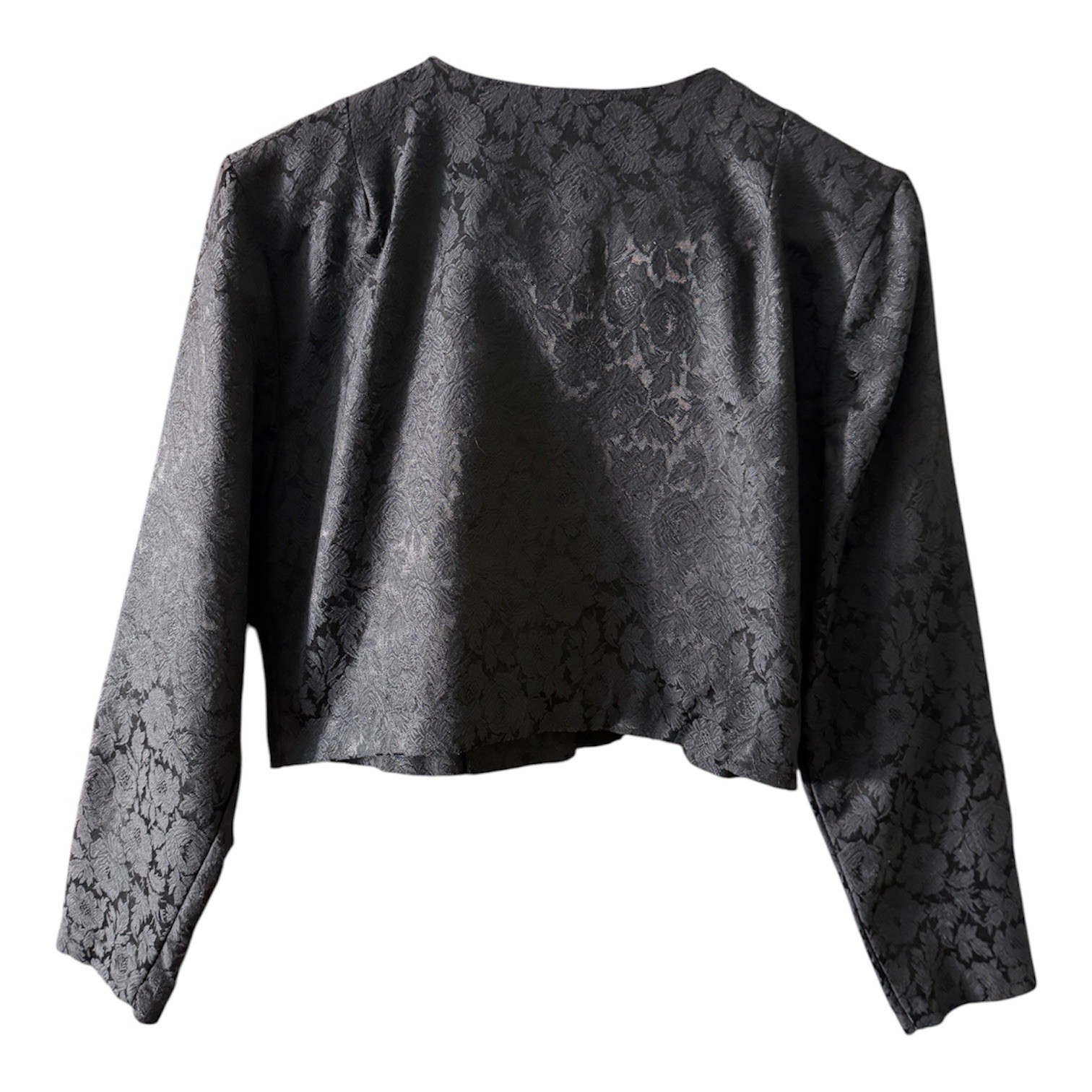 Vintage Black Jacquard Cropped Evening Jacket Floral Brocade Minimalist 90s Sz S