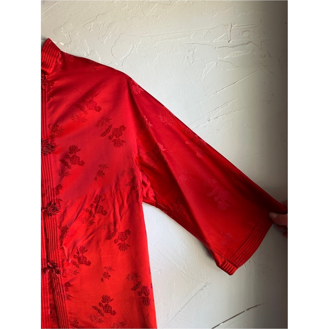 Vintage Red Mandarin Frog Closure Satin Jacquard Jacket Chinese Brocade Artwear