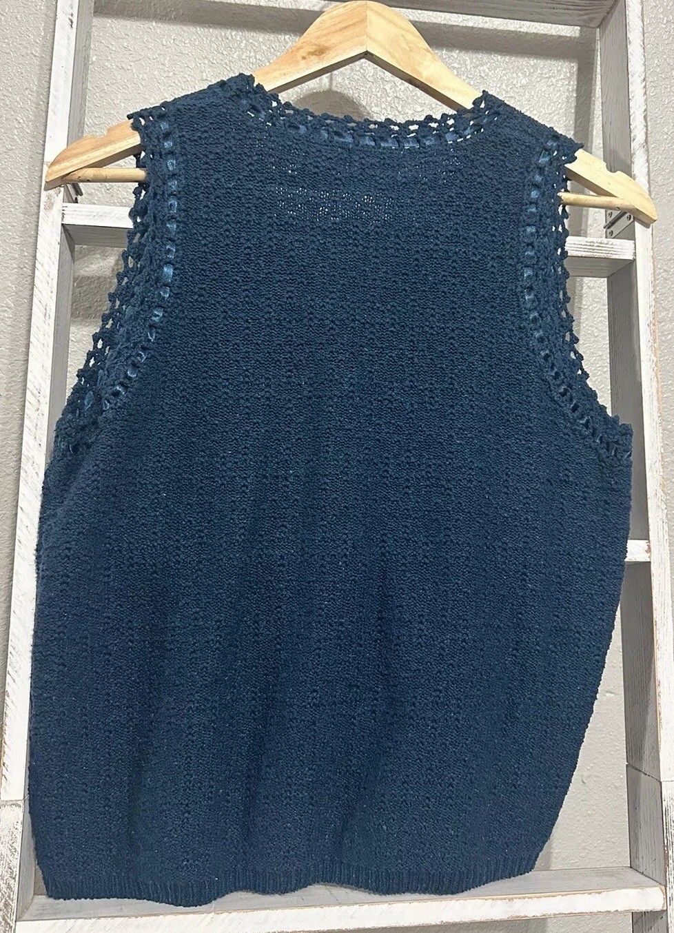 Vintage Sz Medium Sostanza Blue Silk Cotton Knit Vest Ribbon Trim Boho Festival