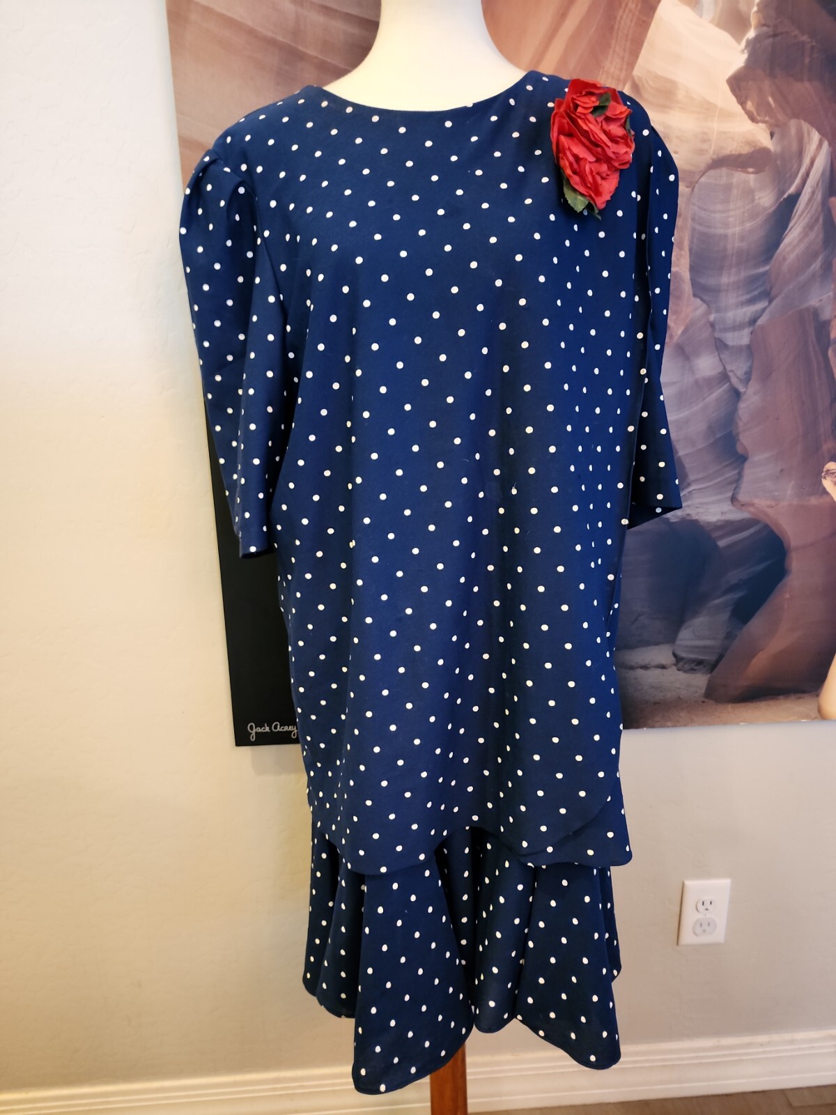 Vintage 1990&rsquo;s « Risa Ann » Dress SZ 20wp Blue white Polka-dot Short sleeve