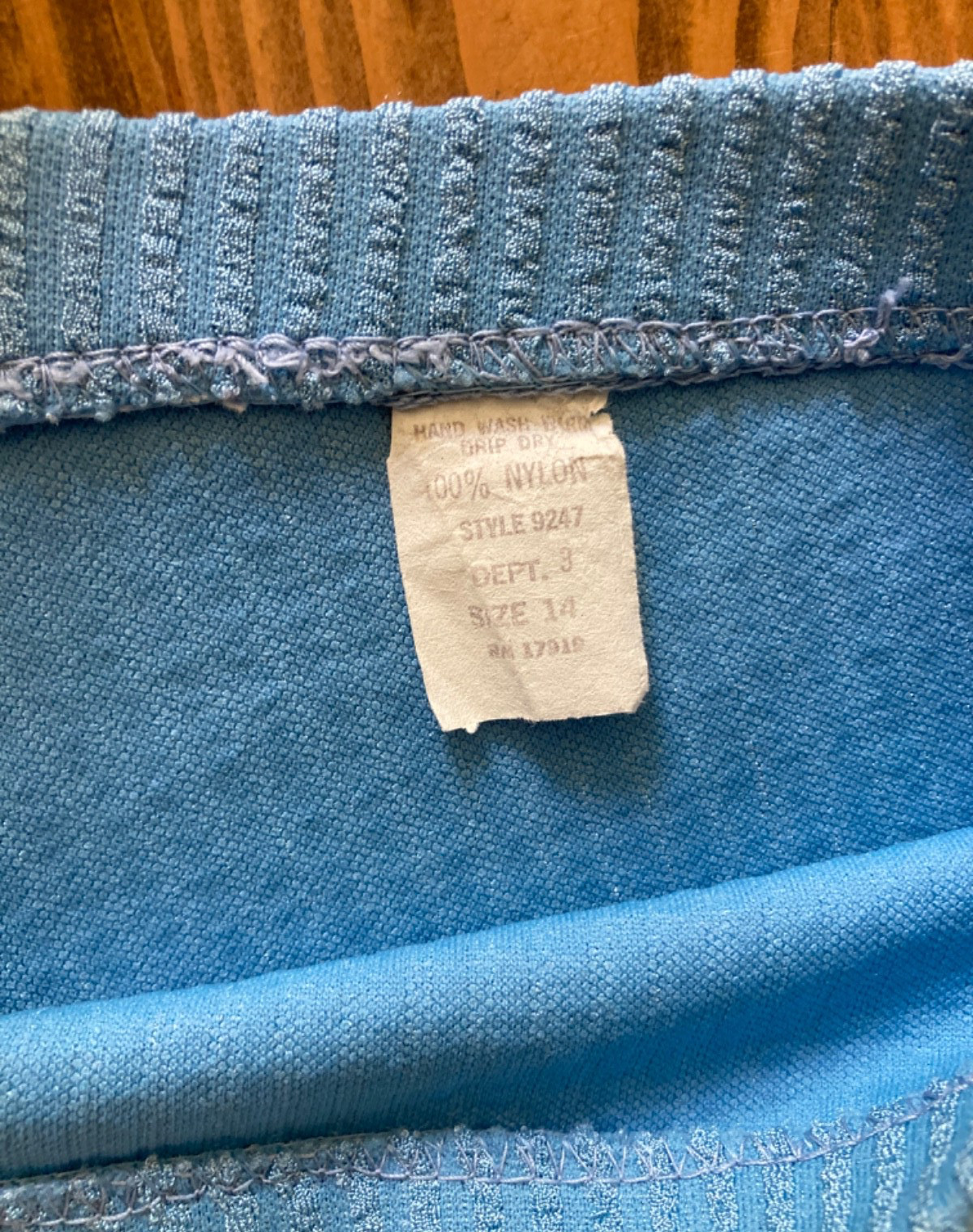 Vintage Sz 14 1960-70s Sky Blue Two Piece Bikini Set Knit Seersucker Stripe Mod
