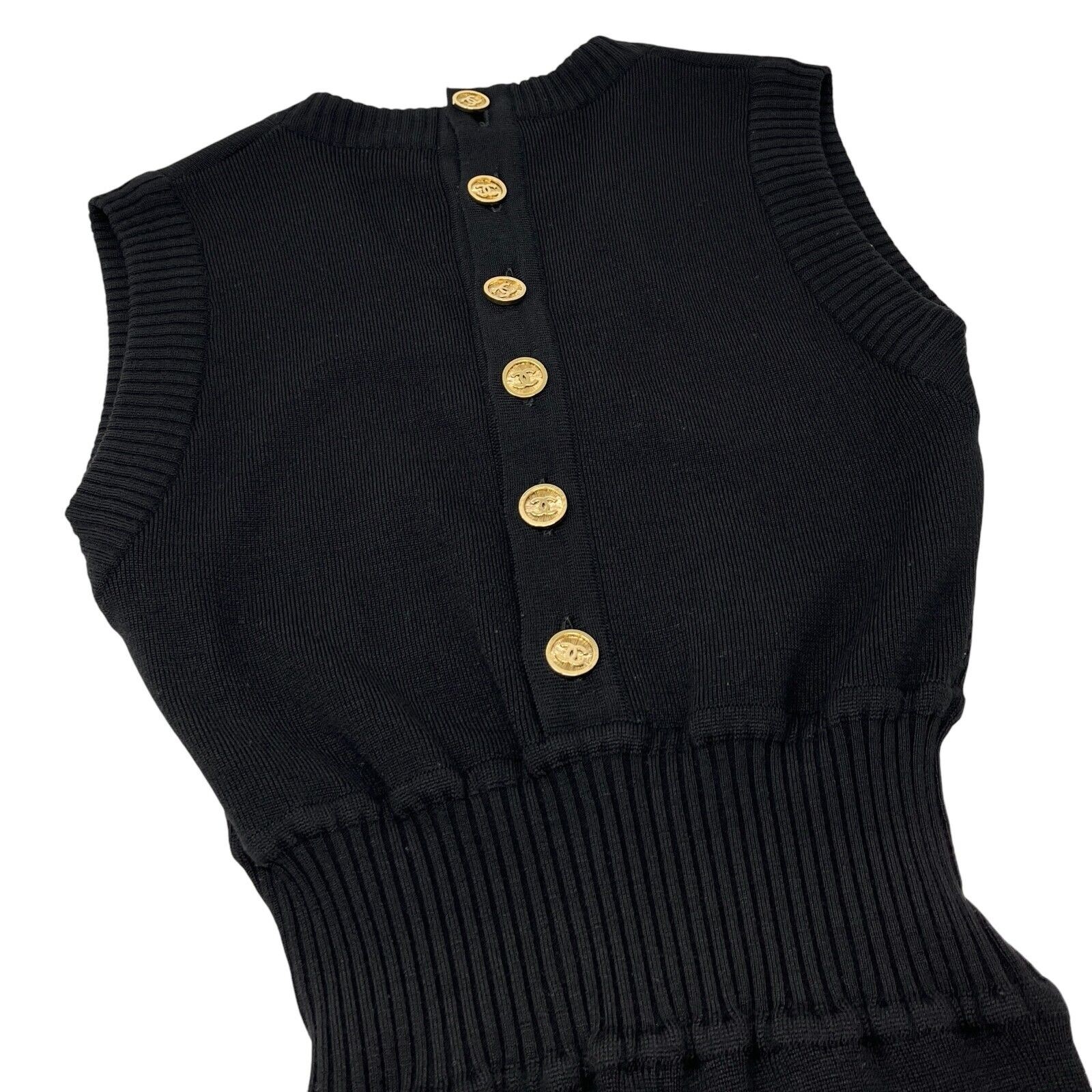 CHANEL Vintage CC Mark Logo Knit Jumpsuit Rompers Sleeveless Button Black 105312