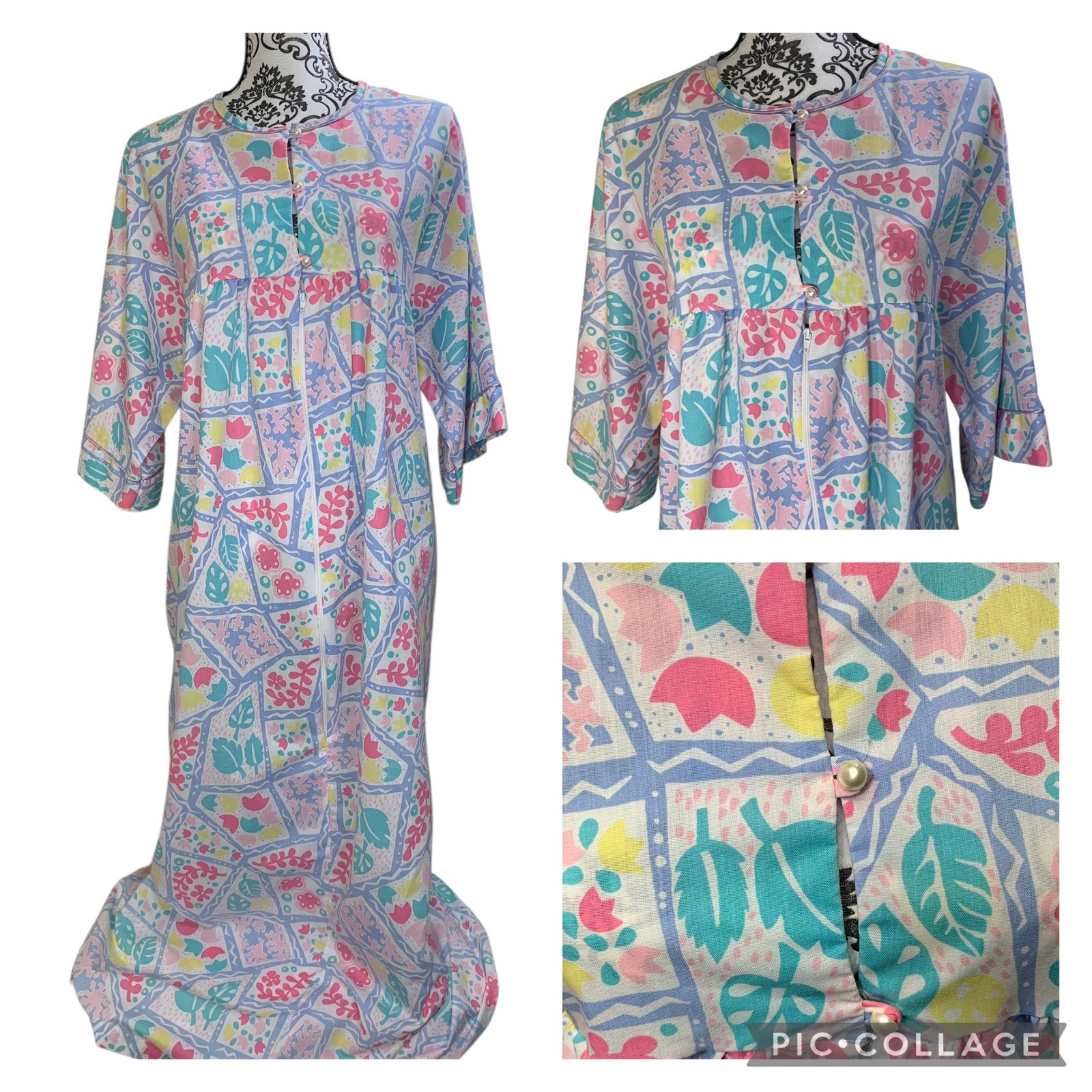 Vintage Anne Leslie Lounge Dress M/L Housecoat Quarter Zip Pearl Button Key Hole