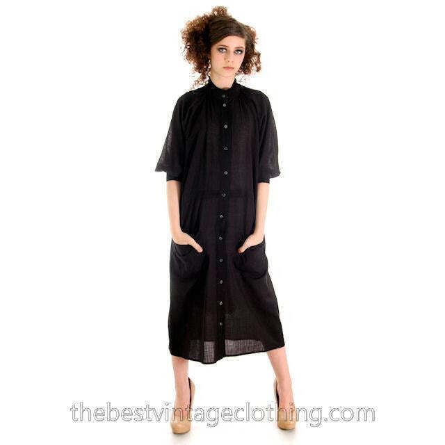 Vintage Vuokko Suomi Finland Sheer Fine Wool Dress Snap Front Black 1970s XS