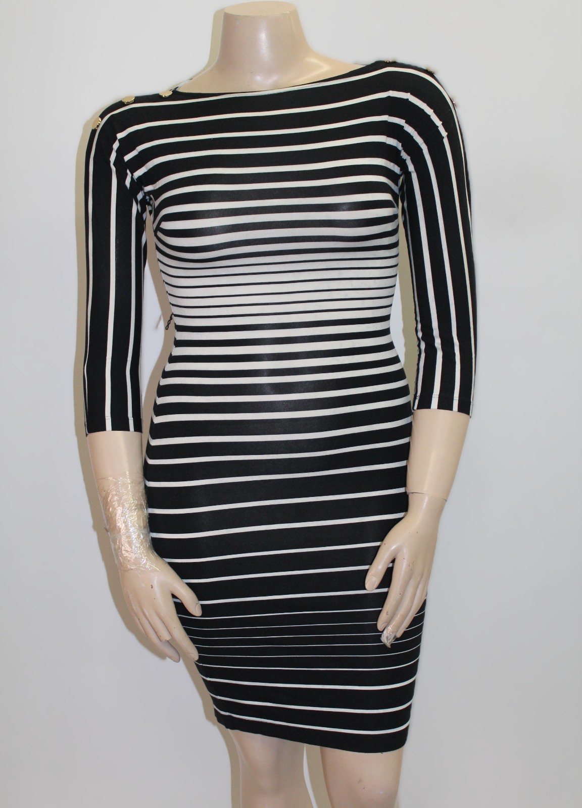 Cache Vintage Black & White Striped Bodycon Dress w Gold Button Details Size M