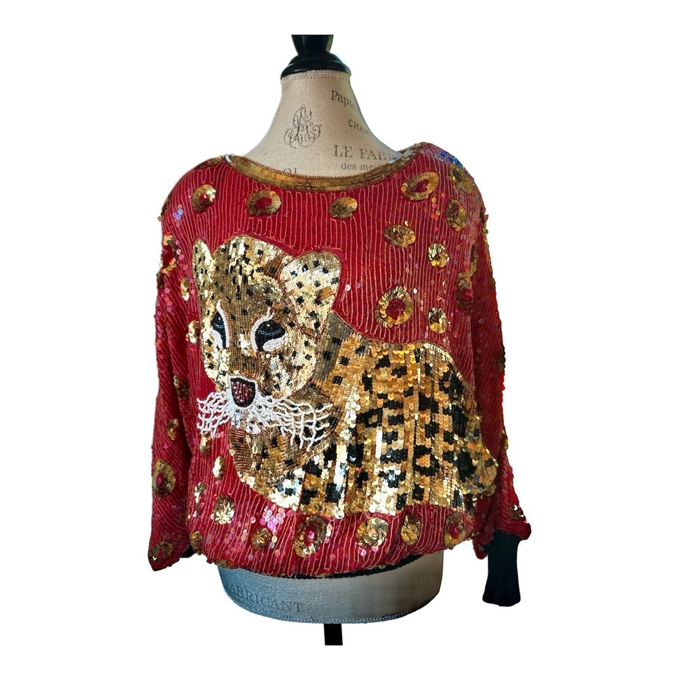 Anjumün 1980&rsquo;s vintage silk leopard sequin beaded embellished red top NWT Med