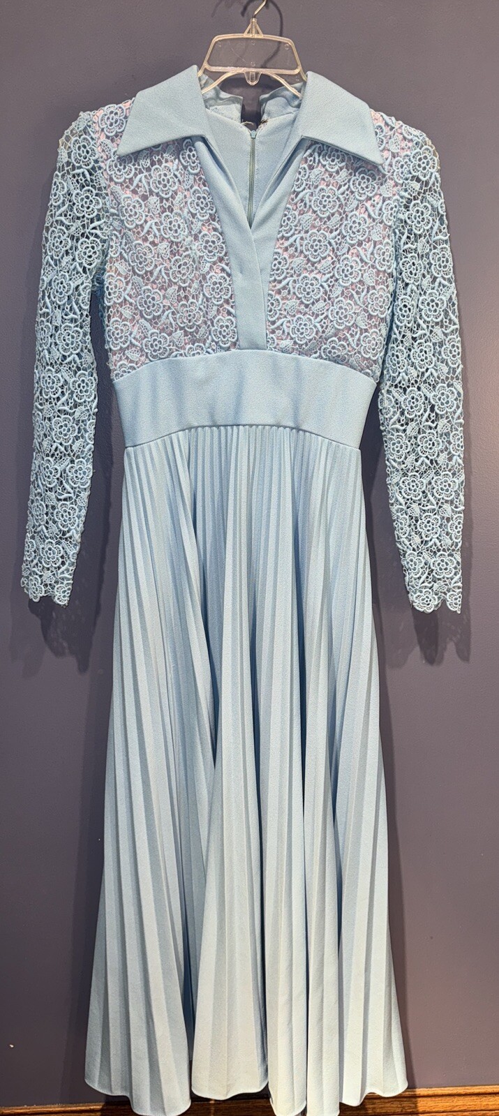 Small 1960 Long Party Dress, Needlework Lace, Blue Lined, Pleated Skirt, USA