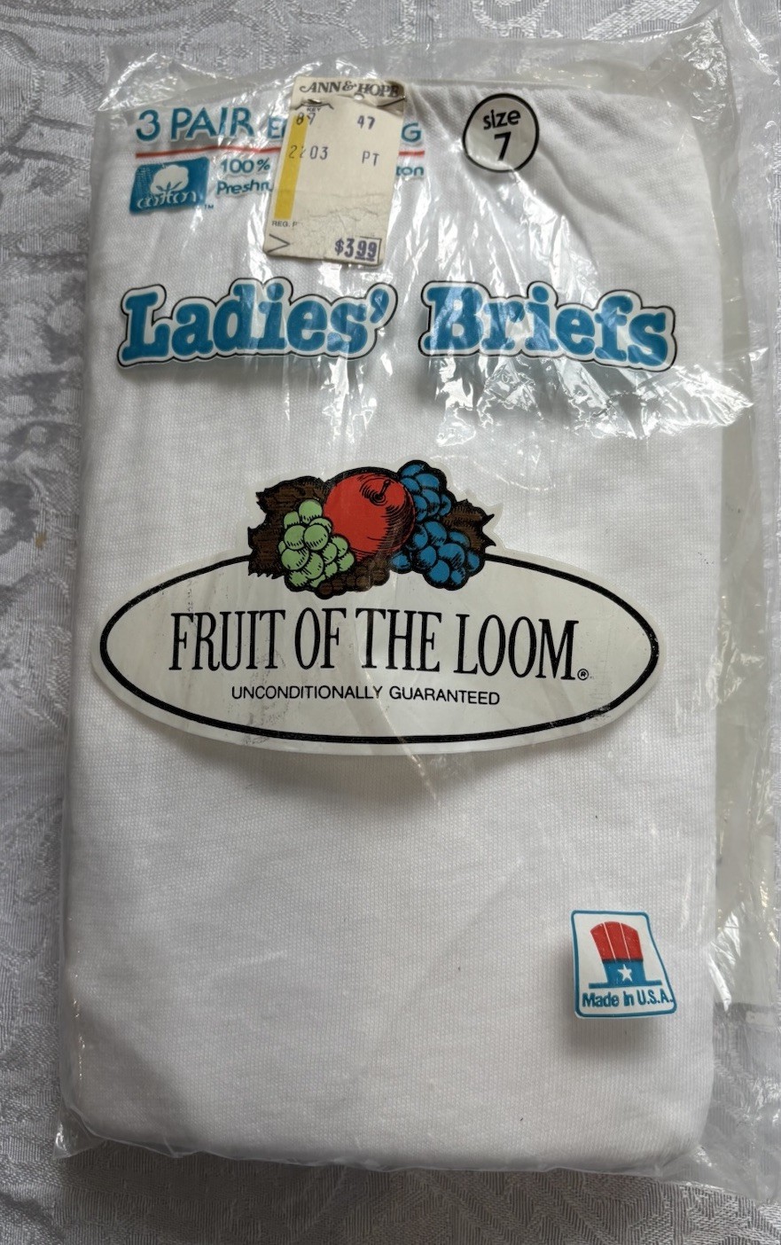 Vintage Fruit Of The Loom Panties Womens 7 White Cotton Briefs USA 1982