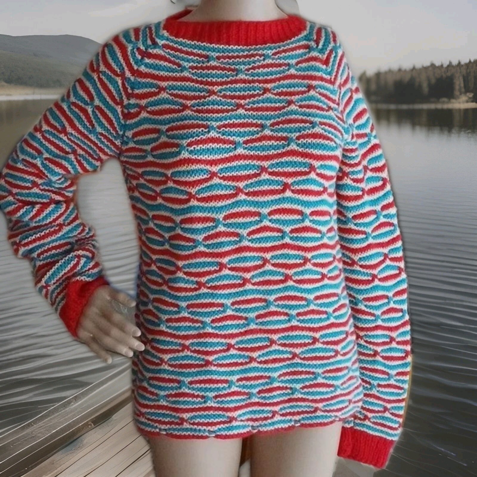 Vintage 1960&rsquo;s handknit red white blue patriotic USA crewneck sweater S M