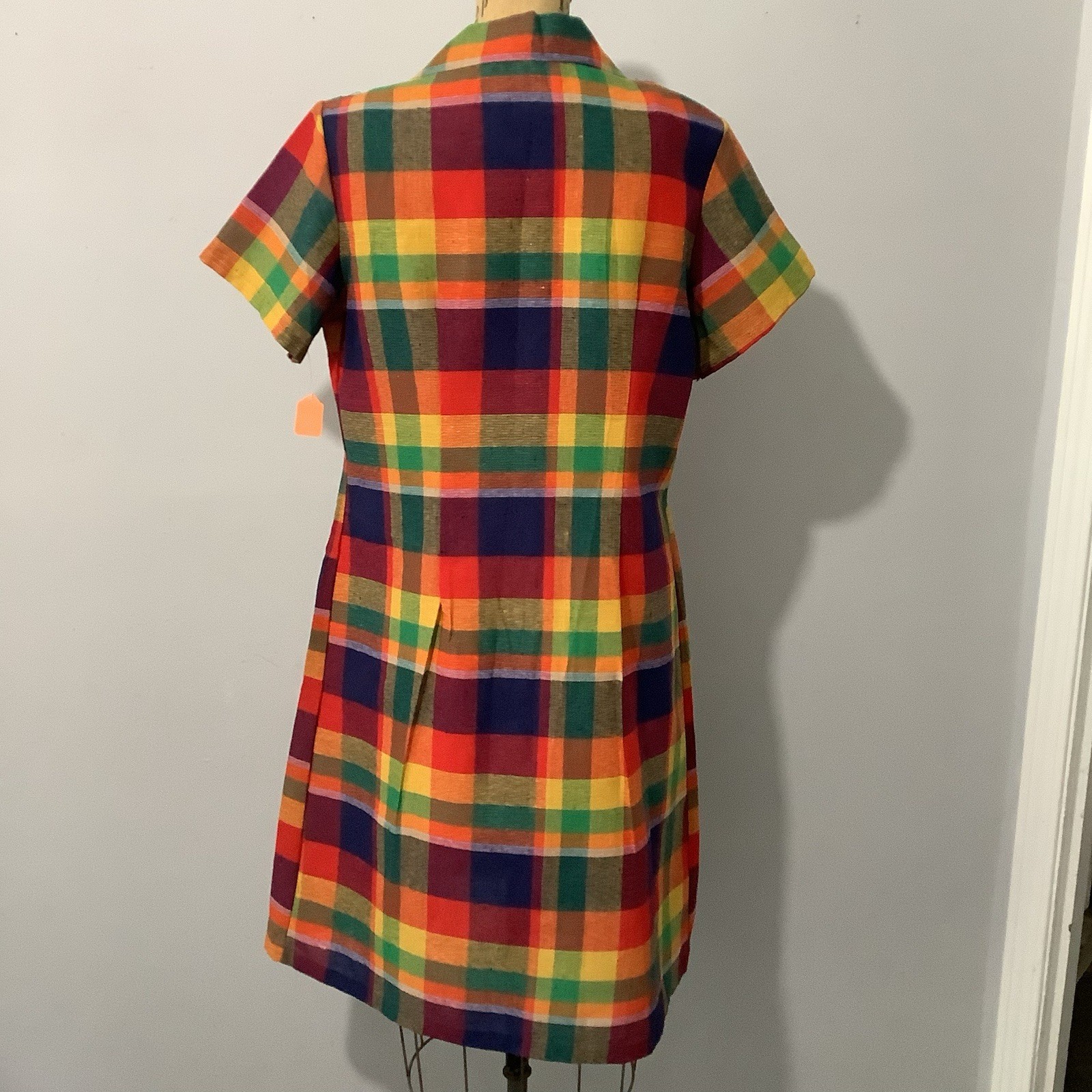 VTG 1960’s Colorful Plaid Cotton/Poly Dress Deadstock Mint With Tag XL B44”/W38”