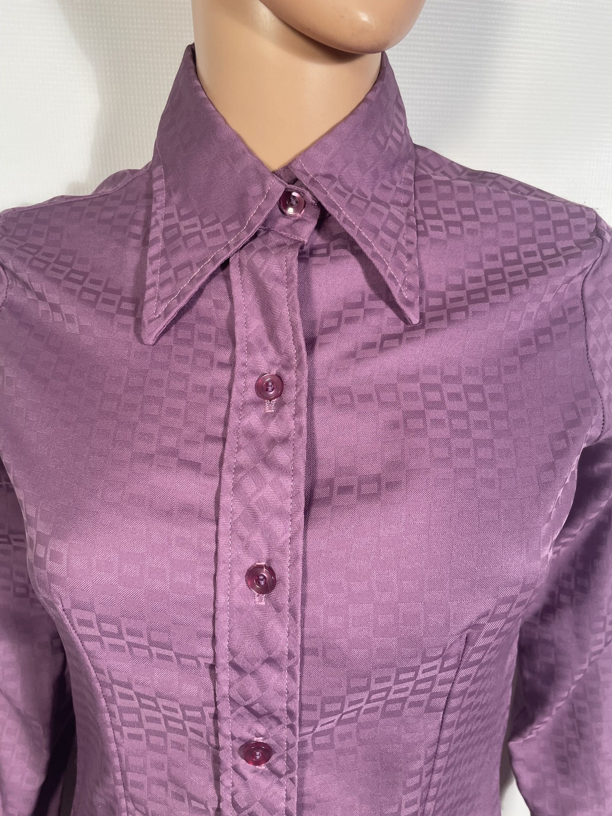 Vitg 70s Dagger Collar Damask Weave Geometric Print Tailored Purple Blouse Sz S
