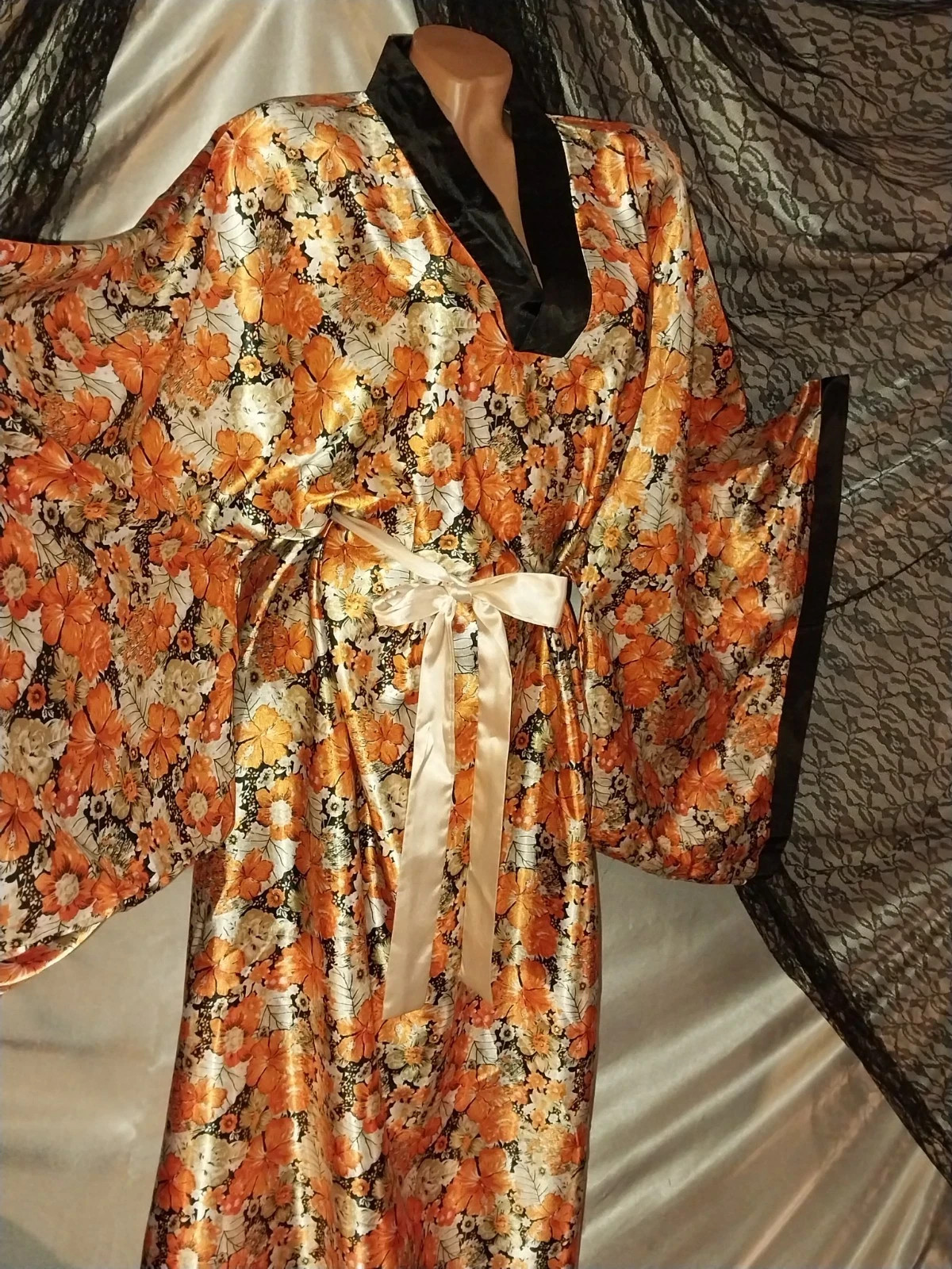 Vtg CAFTAN KIMONO SILVER ORANGE FLORAL LIQUID BALLON MAXI LONG DRESS GOWN 46 48