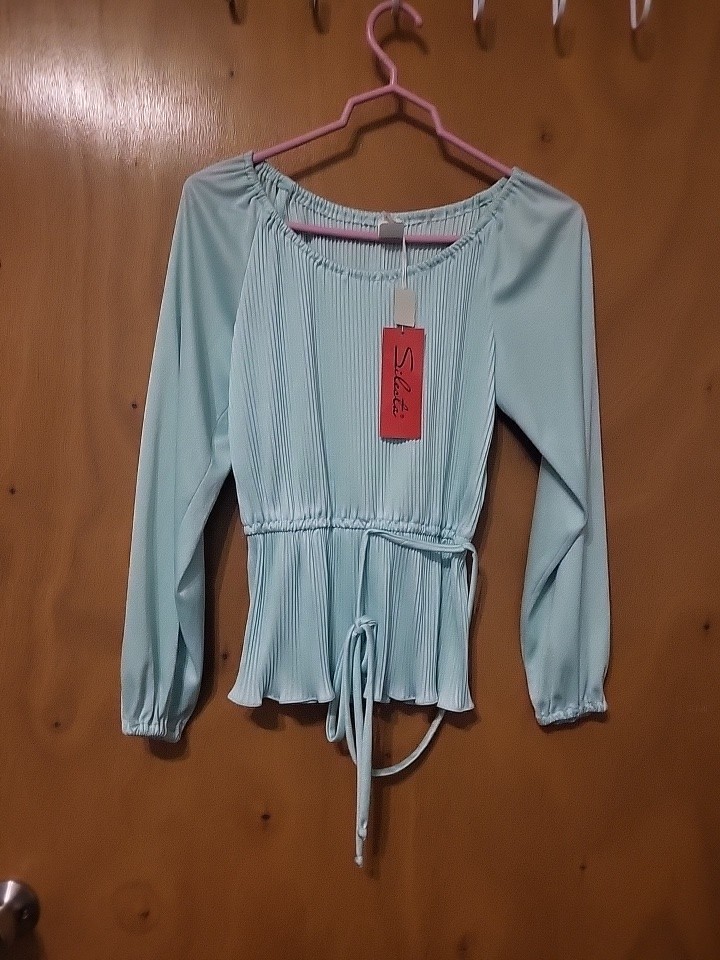 Cute Vintage Pleated Top Women&rsquo;s Sz 9/10. Long Sleeve. Light BlueGreen 60s-70s