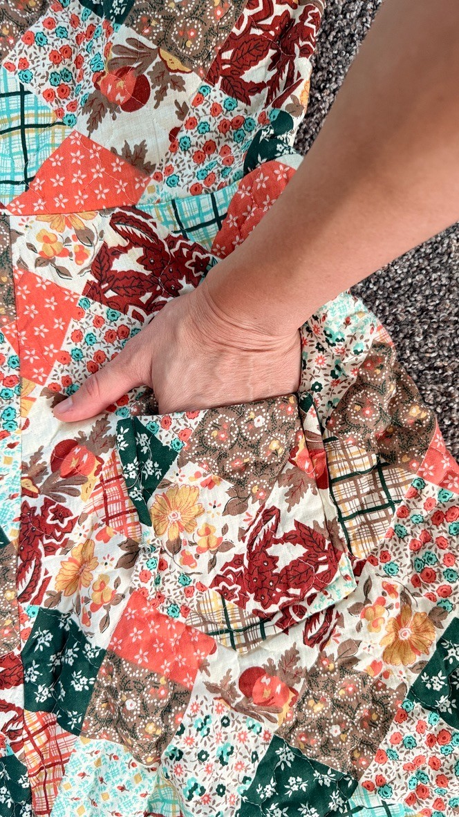Vintage Handmade Patchwork Prairie Dress Pockets Snap Straps Cottagecore