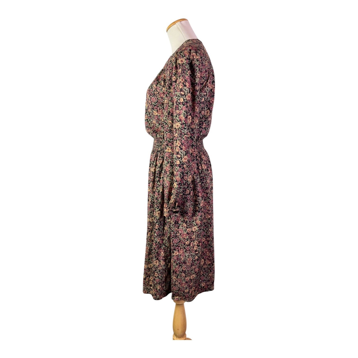 Vintage 80s Taurus II Size 8 Dark Floral Dress Smocked Waist Union Made