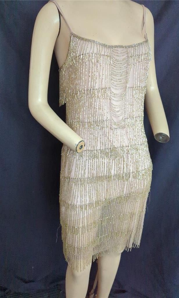 1980&rsquo;s VINTAGE BEIGE BEADED GATSBY, DECO DRESS EVENING PROM DRESS-36&Prime; BUST INDIA
