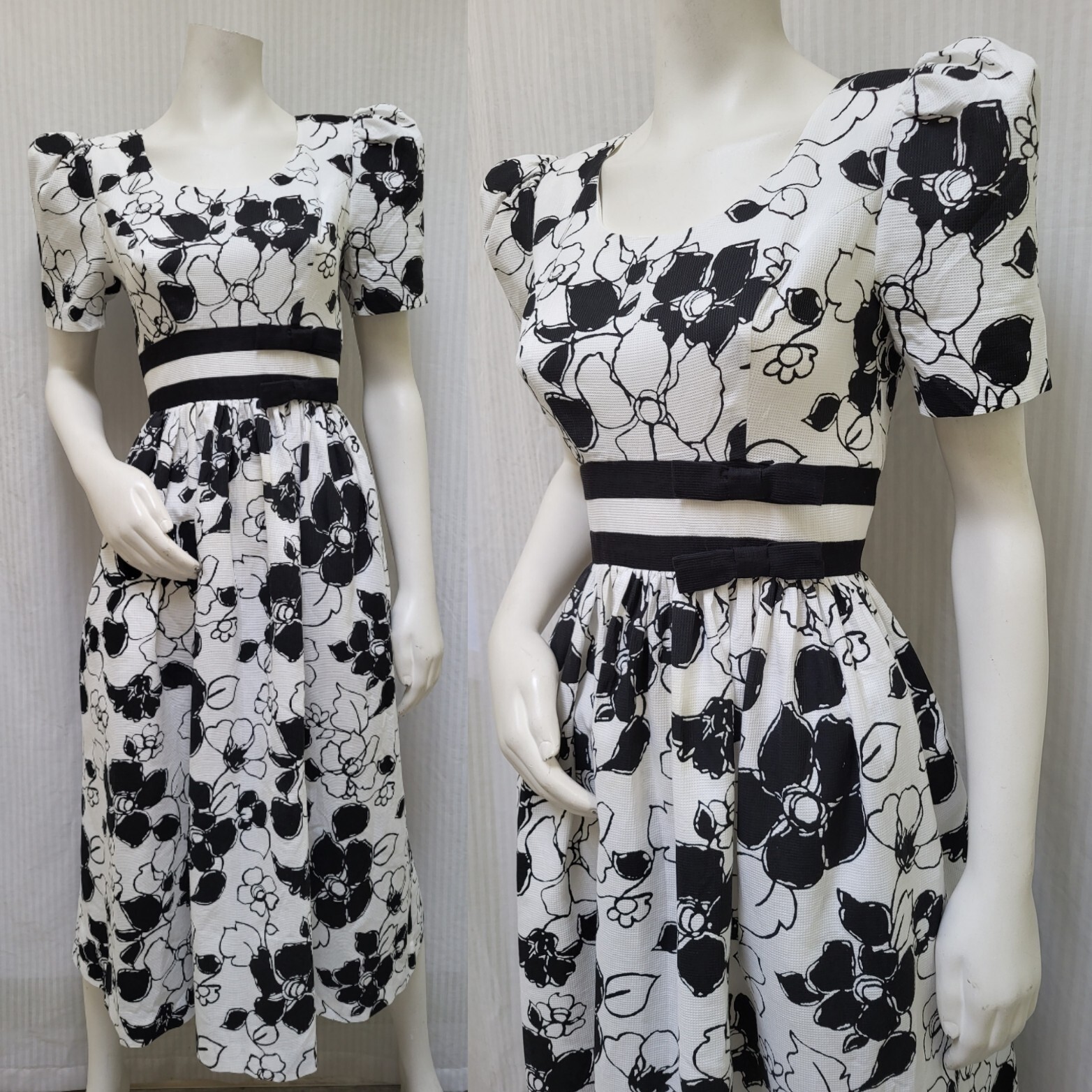 Vintage 80&rsquo;s Melissa Black & White Floral Puff Sleeve Midi Dress – XS/S – EUC