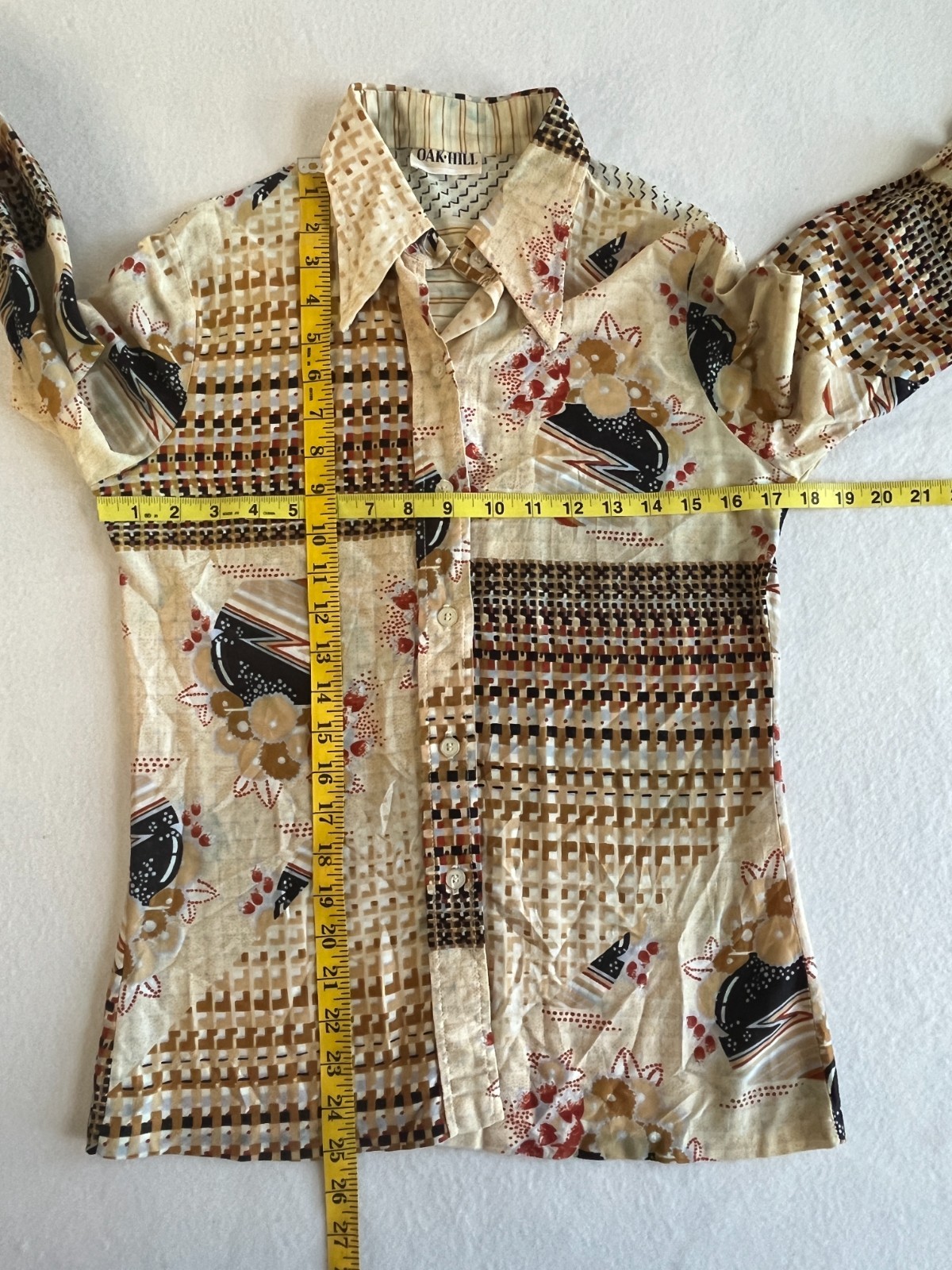 Vintage 70s Mod Geometric Disco Blouse Womens S Button Up Oak Hill