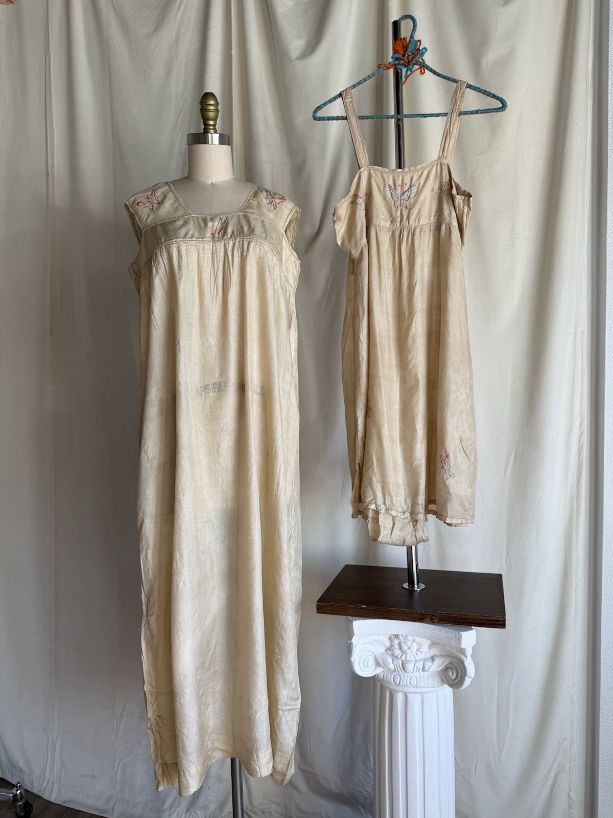 Antique 1920’s Pongee Slip Step-in Butterfly Embroidery Chemise Écru Silk Set