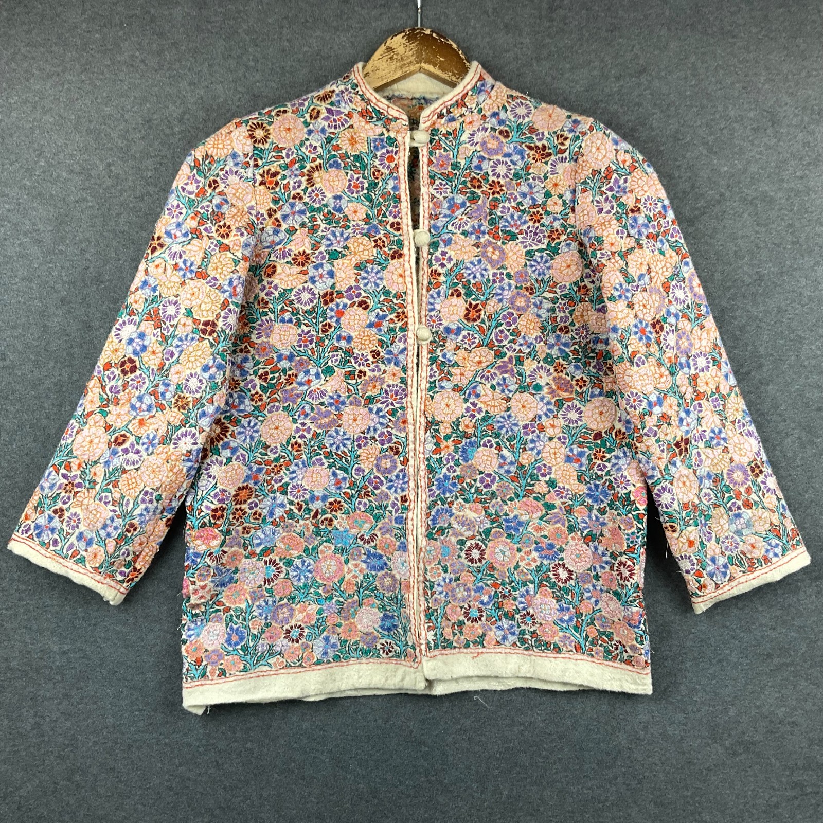 Vintage Hand Embroidered Jacket Kashmiri Indian Crewel Floral Size M