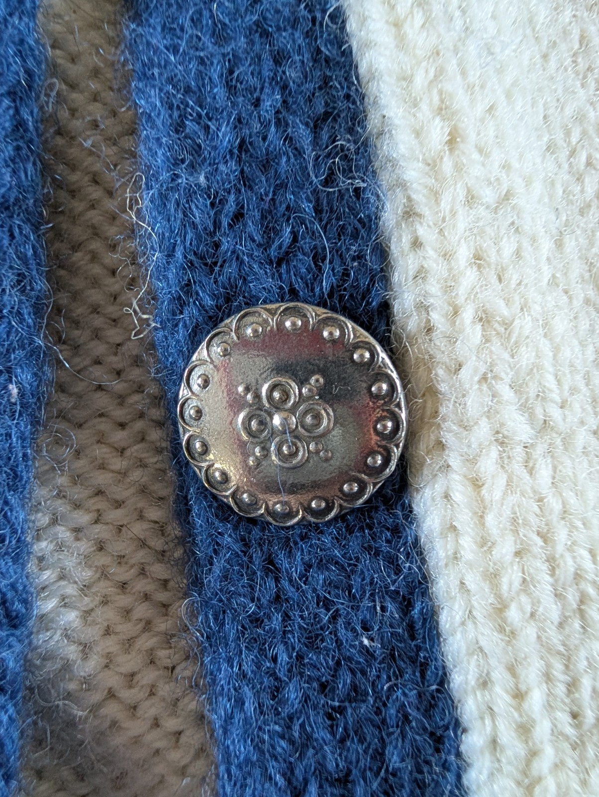 Antique Norwegian Sweater. O.Allers New Wool.Blue And White.Silver Buttons. S/M