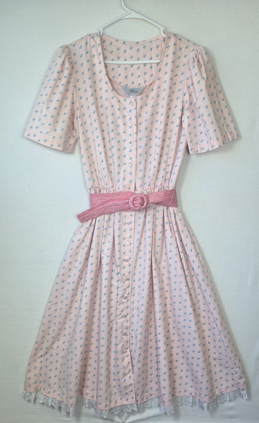 Vtg 70s Alicia Pink Calico Prairie Dress Cottagecore/Knee Length W/ Woven Belt
