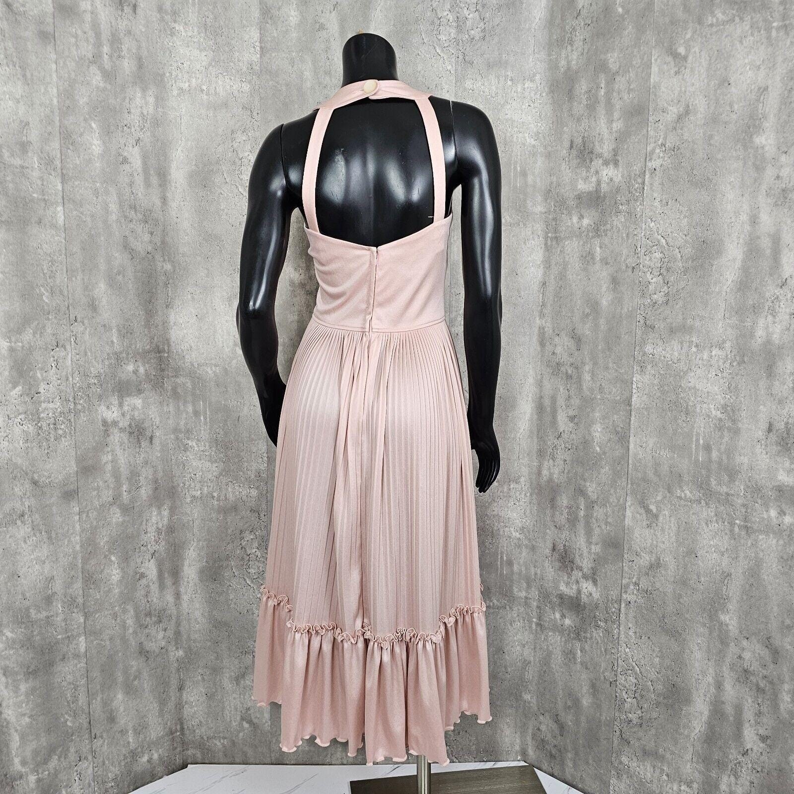 Vintage Alfred Werber Pink Pleated Halter Midi Dress 70s Sleeveless Size M